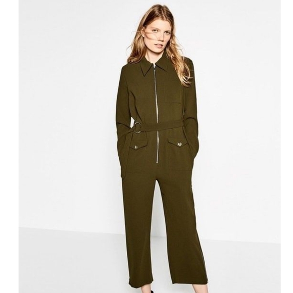 ZARA Long Sleeve Belted Zipped Cropped Jumpsuit Size S